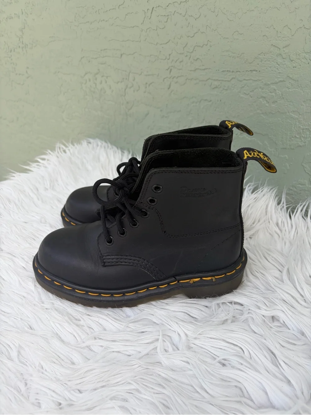 Dr. Martens Black Leather Ankle Boots with Yellow Stitching NEW